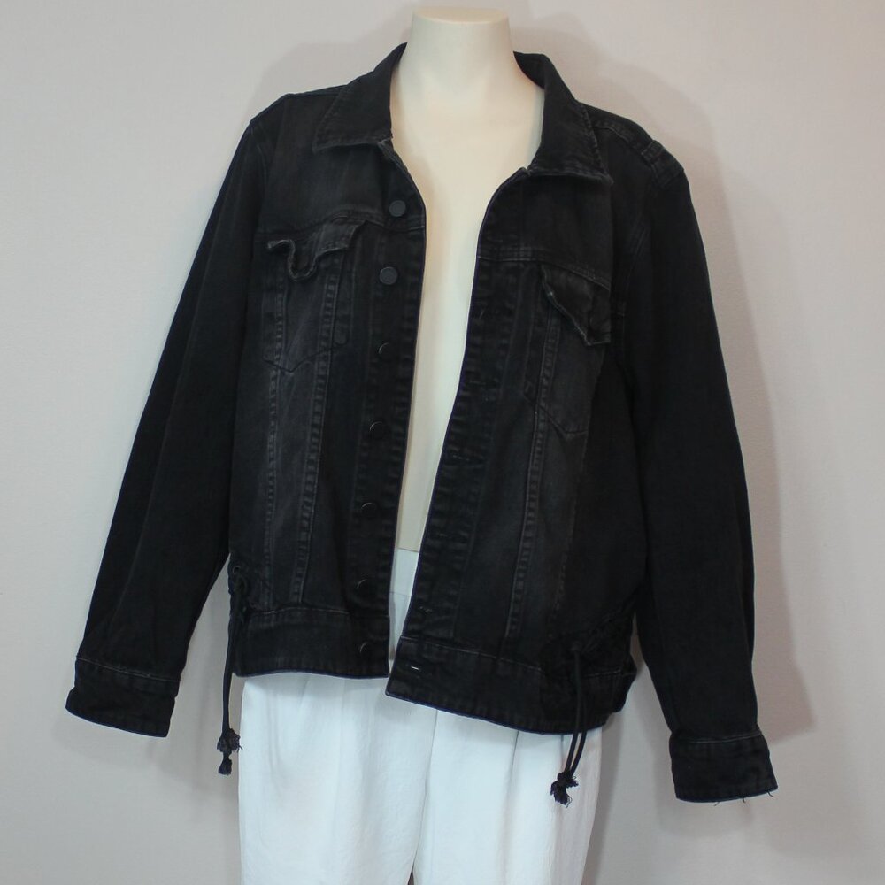 Blank NYC black Denim lace back sleeve women button up cotton jacket size XL